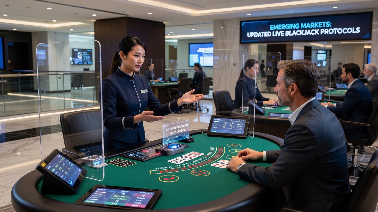 Dealer monitoring screen showing protocol prompts during a live blackjack session